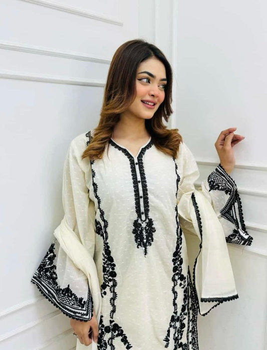 Elegant Off-White Cotton Suit with Black Embroidery & Bell Sleeves