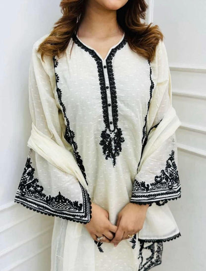 Elegant Off-White Cotton Suit with Black Embroidery & Bell Sleeves