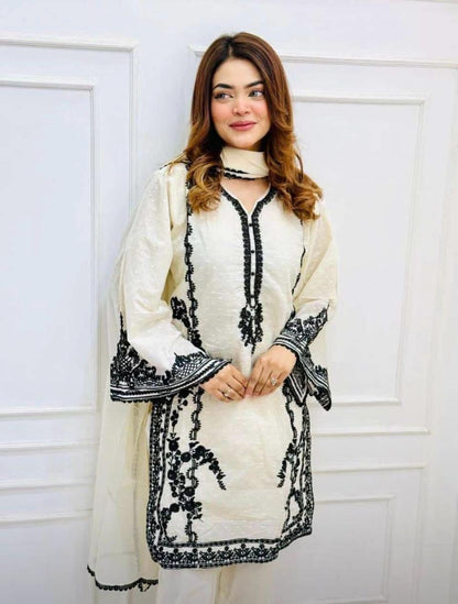 Elegant Off-White Cotton Suit with Black Embroidery & Bell Sleeves