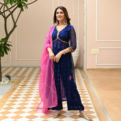 Shop our latest collection of Georgette suit with cotton lining cotton pant with organza dupatta
