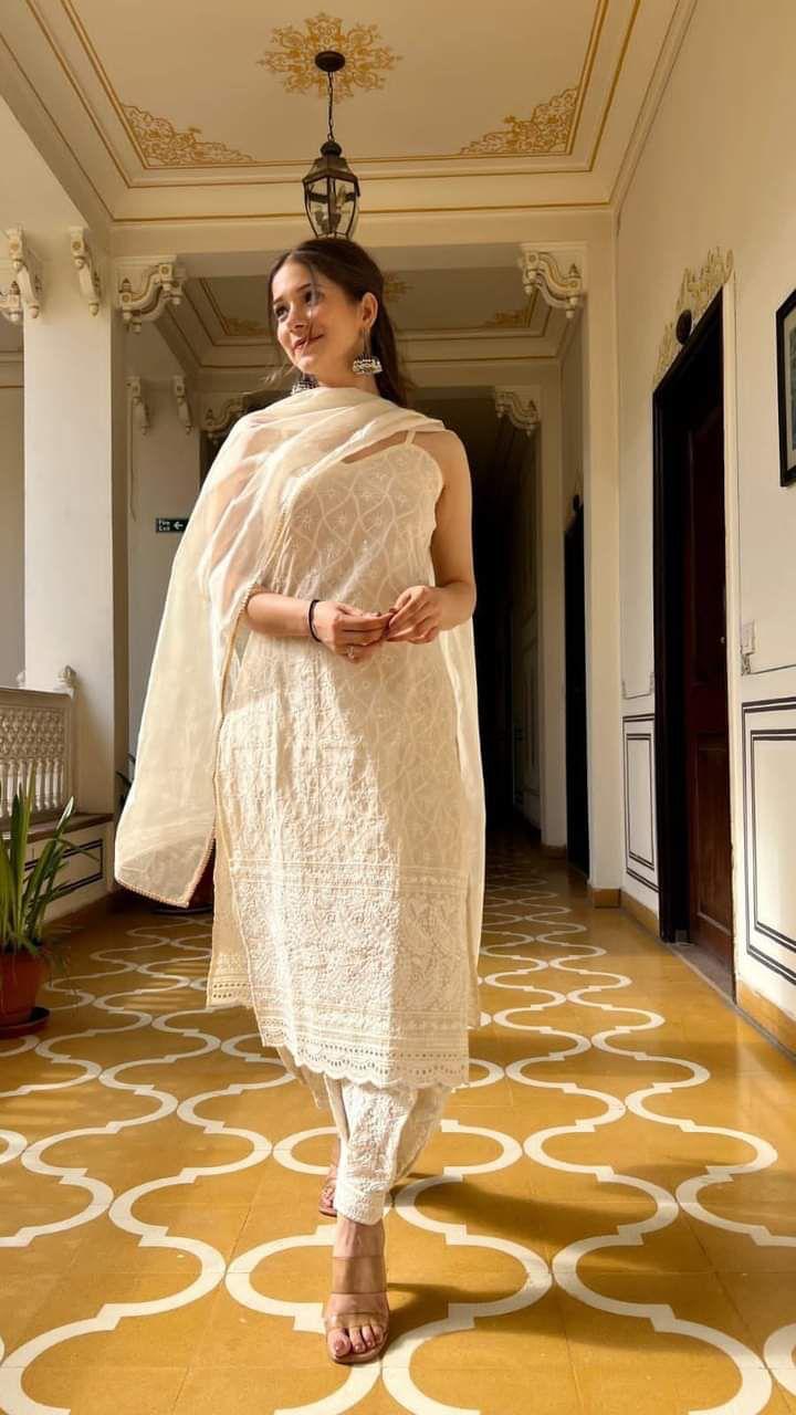 In cotton chikankari embroidery kurti afghan set.