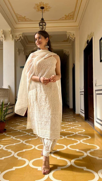 In cotton chikankari embroidery kurti afghan set.